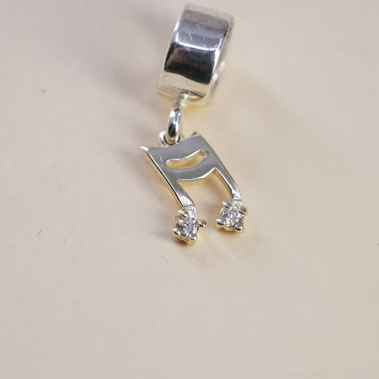 Vintage sterling silver handmade pendant, 925 music note with cz, melody charm, stamped 925