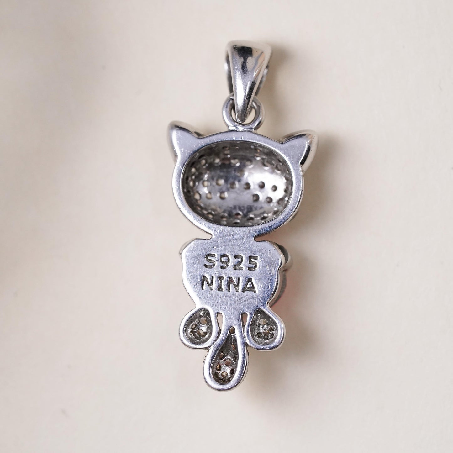 Nina Sterling 925 silver cat kittie birthstone pendant charm pink heart crystal