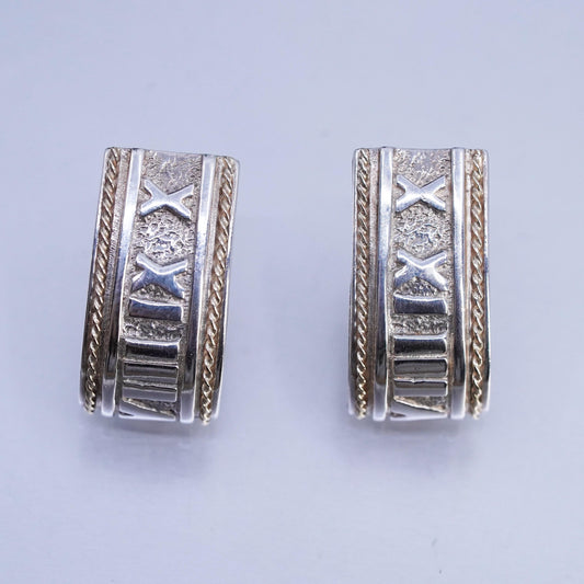 925 Sterling Silver Roman Number Earrings, 14K yellow gold huggie Studs Hoops