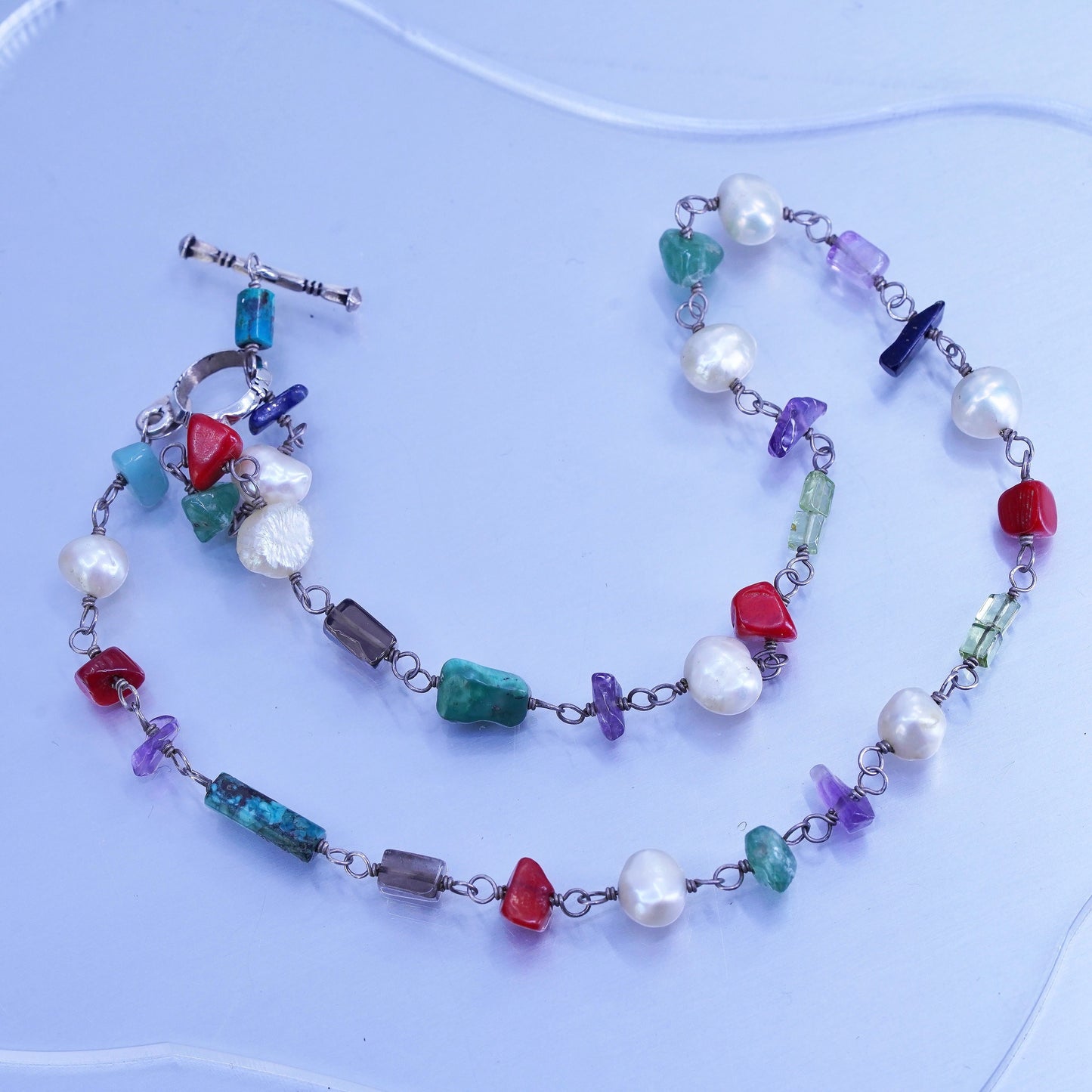 16”, Silpada Multi 925 Silver Necklace Retired Pearl Coral Turquoise Amethyst
