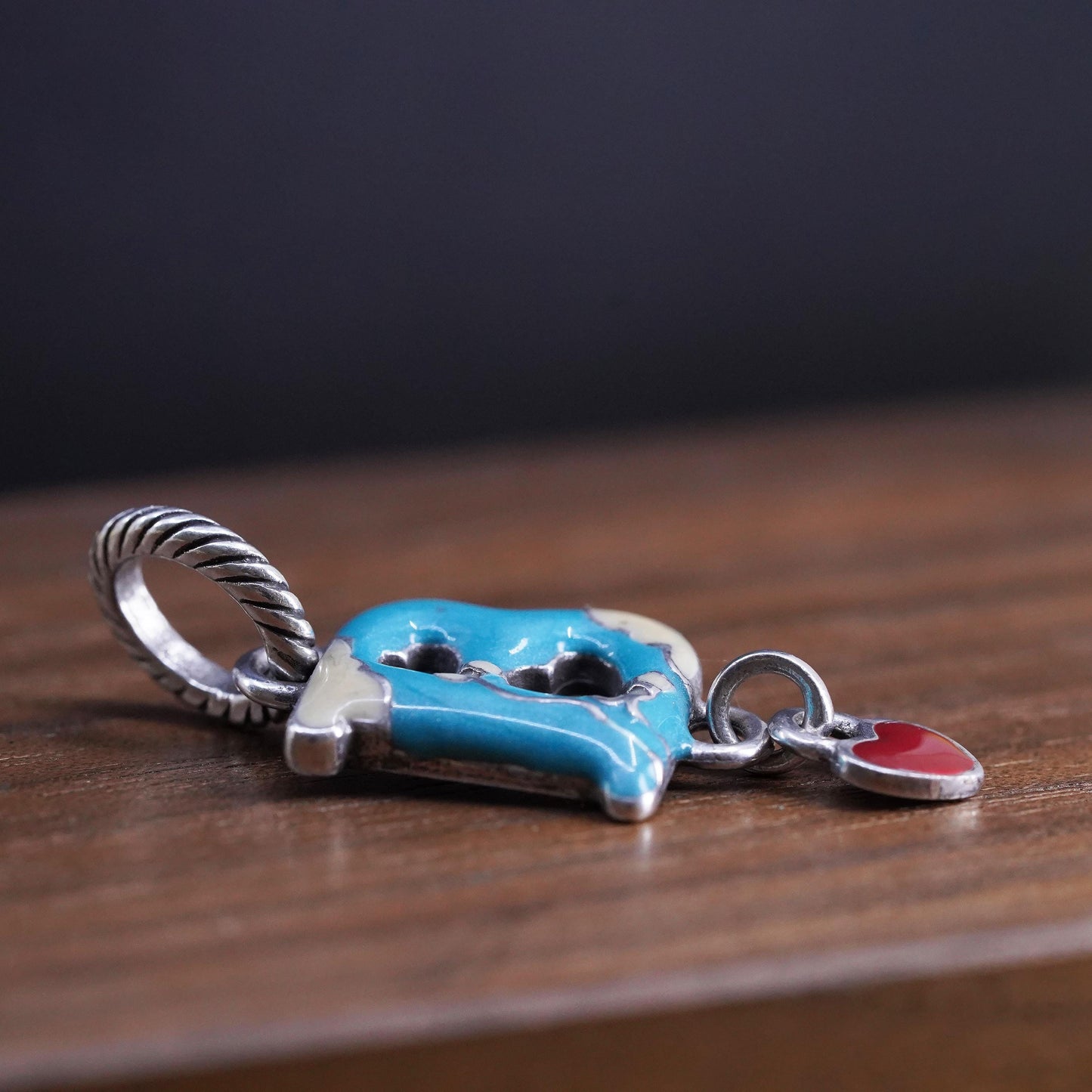 Vintage silver tone handmade charm, enamel letter B pendant