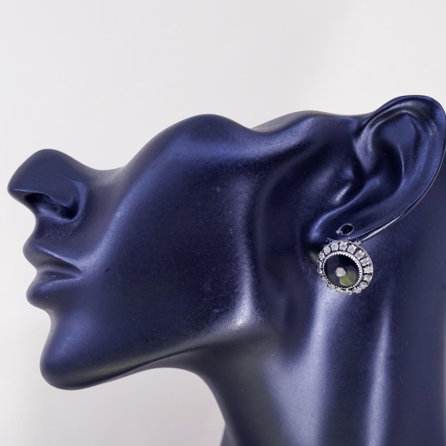 1950s sterling 925 silver earrings round screw back earrings onyx rhinestone