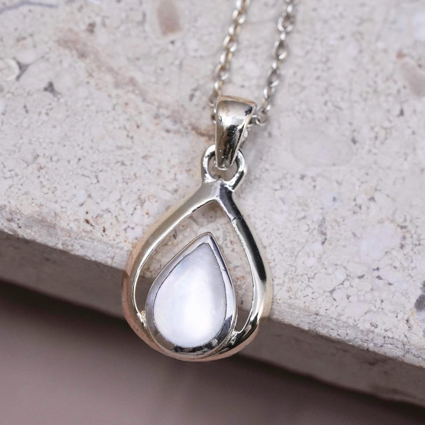 16”, sterling 925 silver Handmade necklace with white mother of pearl pendant