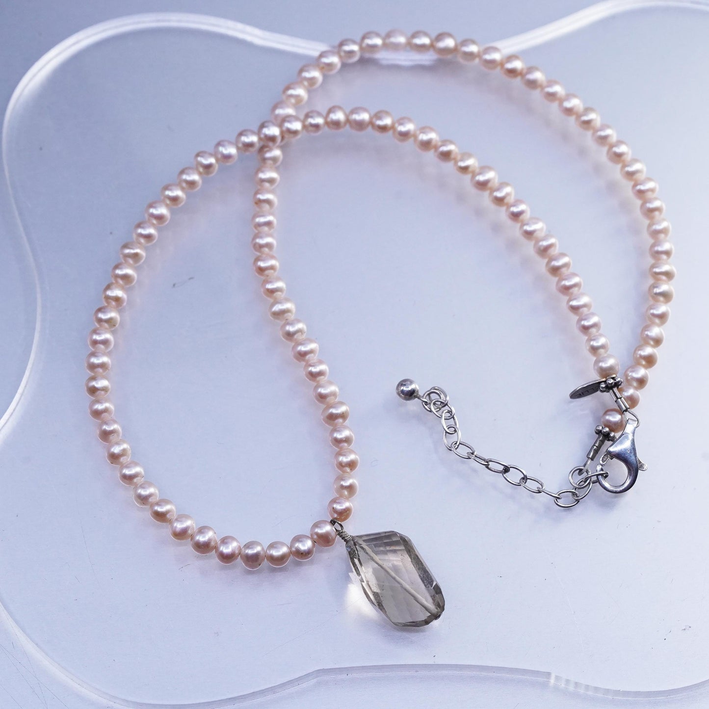 18+2", Ollie Sterling 925 silver necklace freshwater pearl smoky quartz pendant