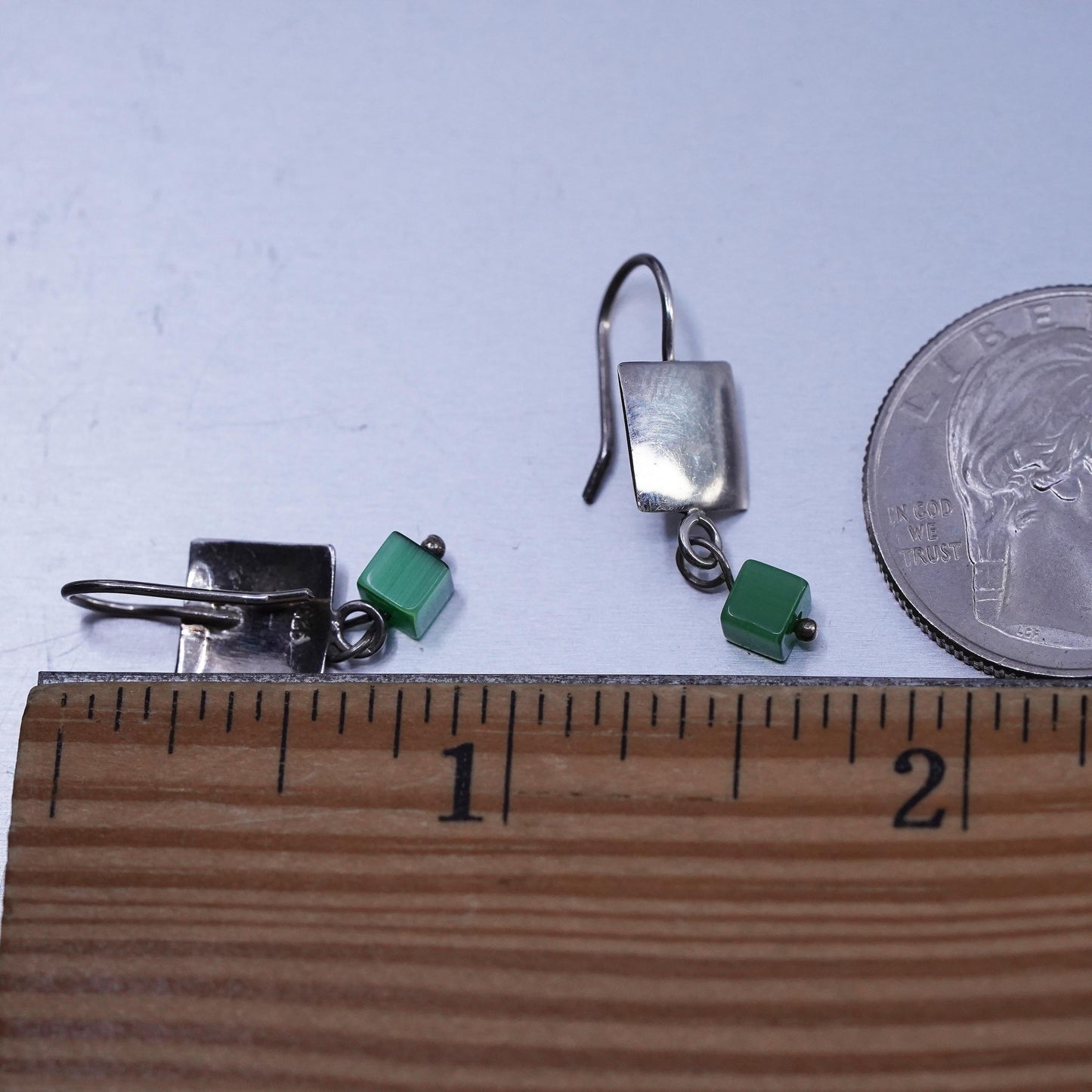 Vintage Sterling 925 silver earrings with square disc and green cat eye dangles