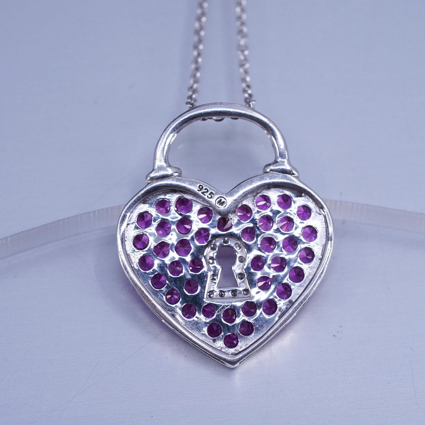 18”, sterling 925 silver necklace, circle chain pink crystal heart lock pendant