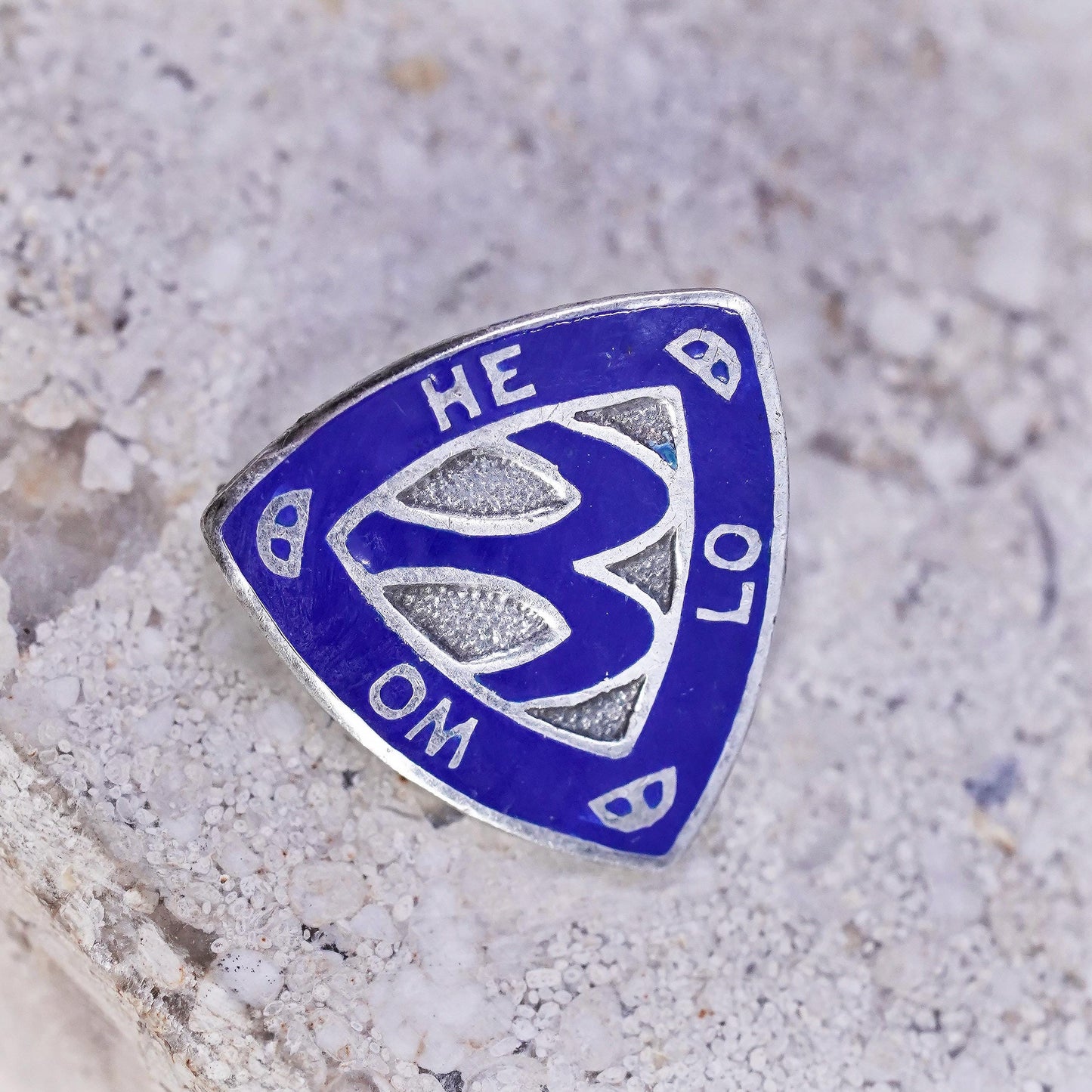 Sterling 925 silver Camp Fire Girls Pin Badge WO HE LO Dk Blue Enamel Triangle