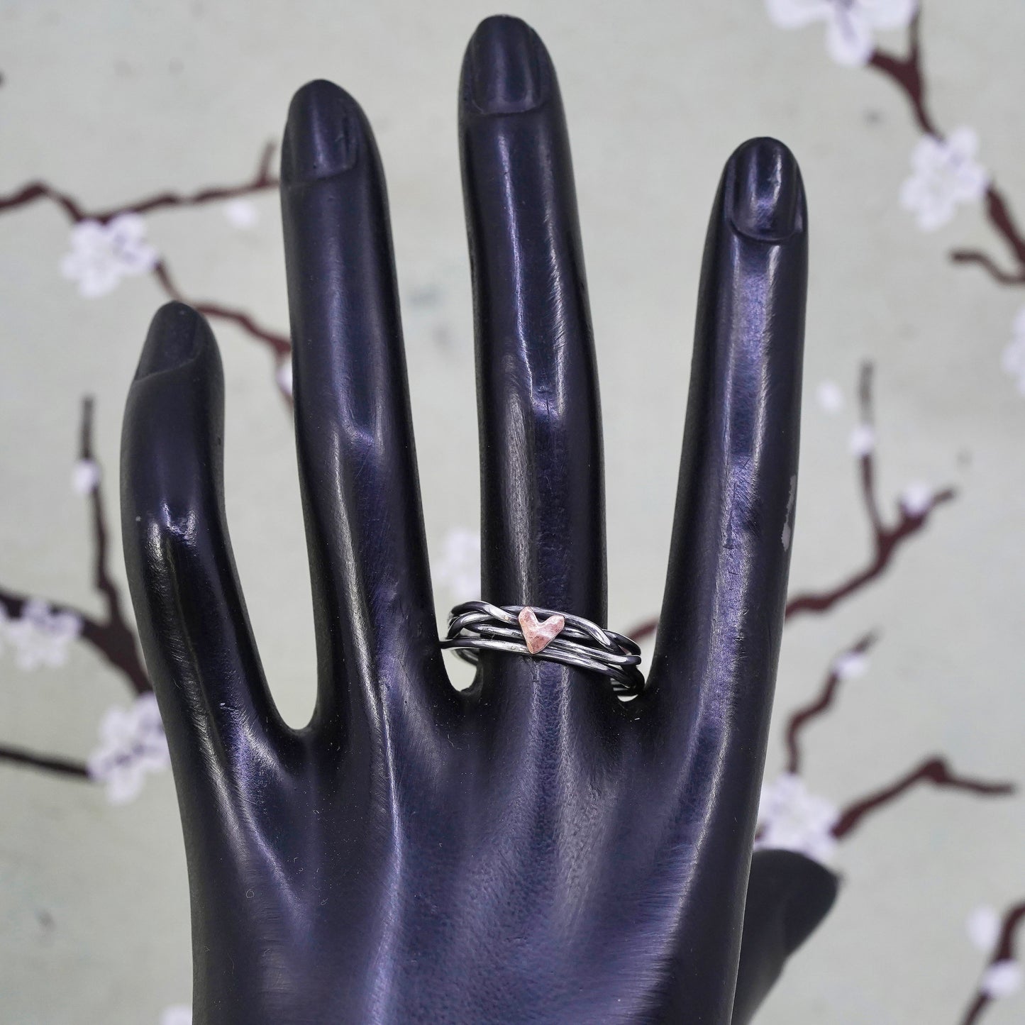 Size 10, two tone sterling silver entwined ring, 925 multiple band copper heart