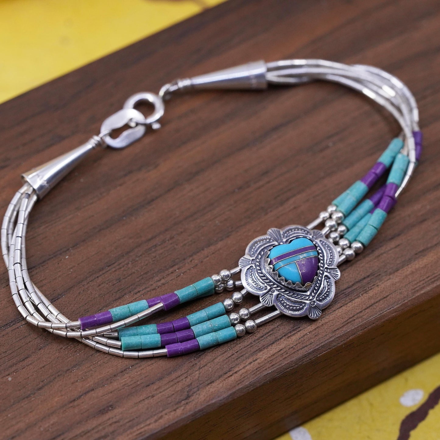6.75”, 925 bracelet, 5 multi strands liquid Silver chain with turquoise heart