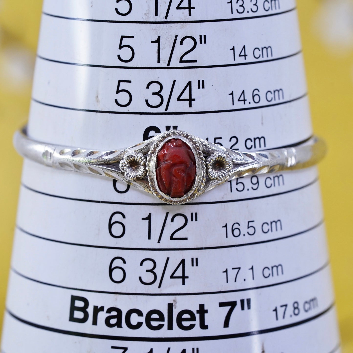 Vintage Sterling silver handmade bracelet, 925 baby bangle with carved cinnabar