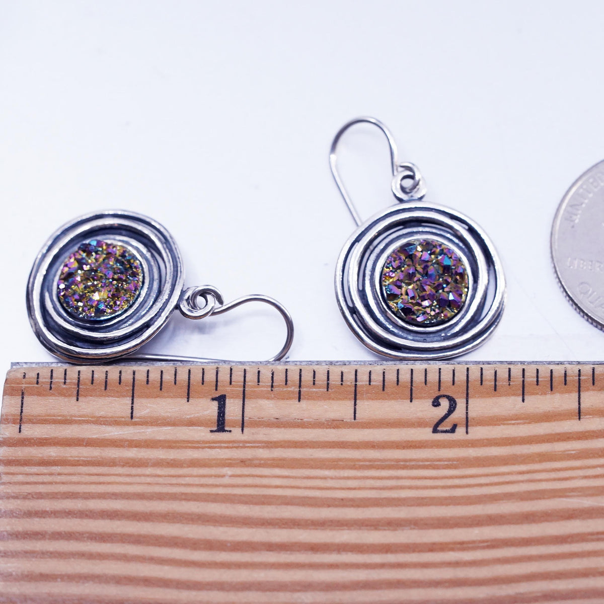 Vintage PZ Paz Israel Sterling Silver 925 disc earrings druzy rainbow pyrite