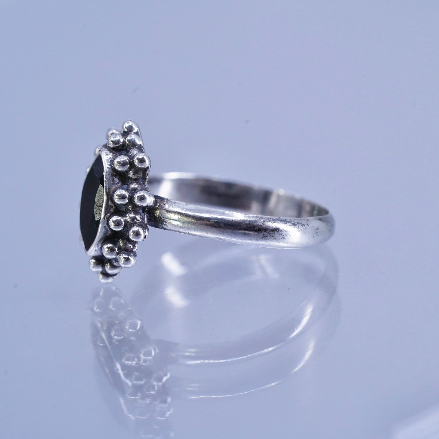 Size 5.75, vintage modern Sterling 925 silver handmade ring obsidian and beads