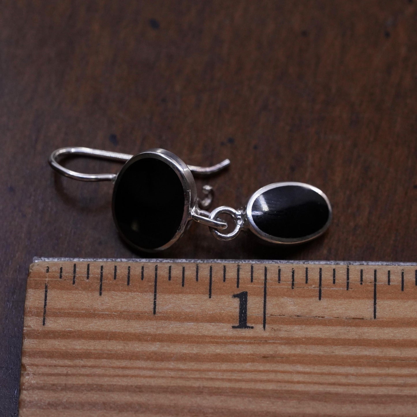 Vintage handmade single earring. Sterling 925 silver hook with onyx inlay