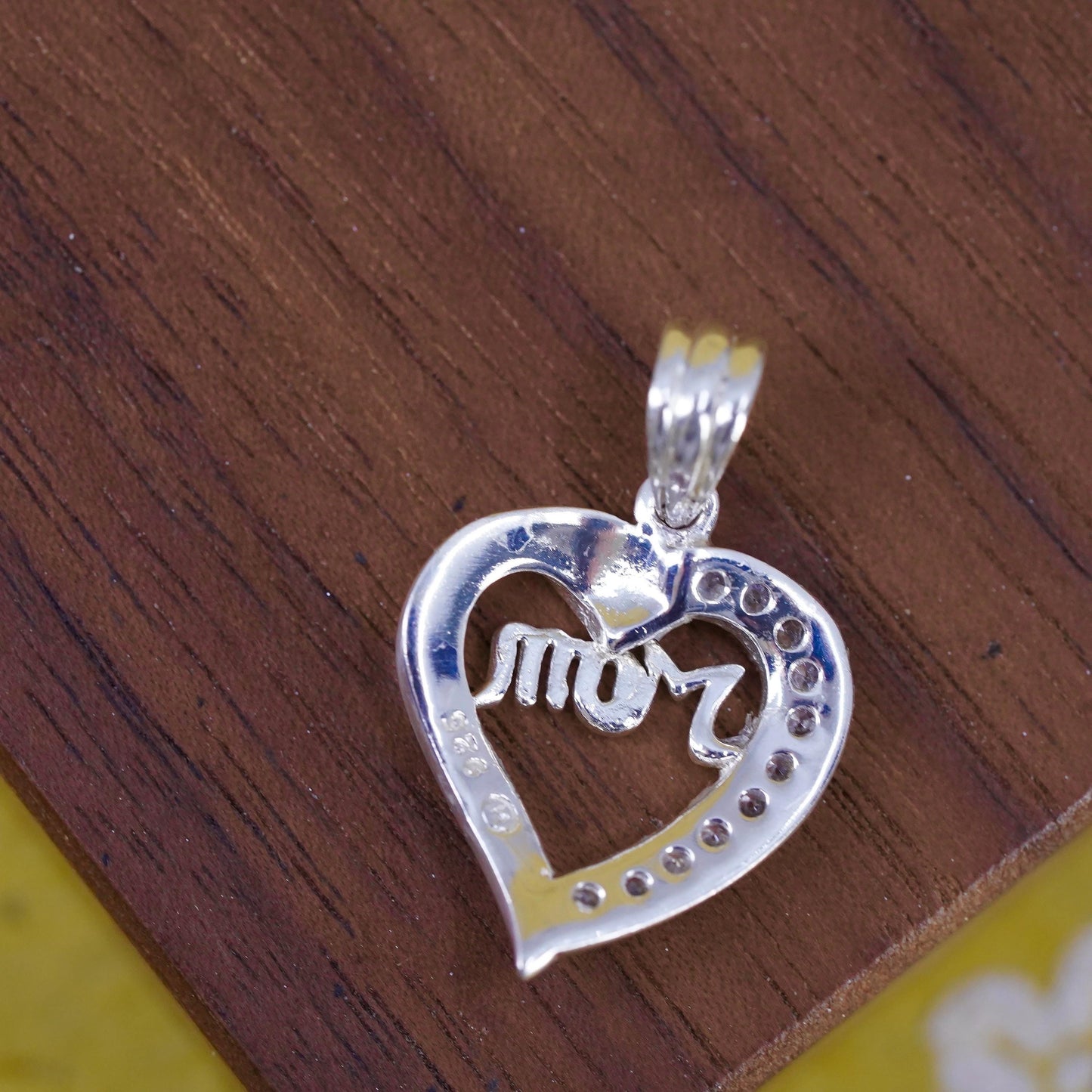 Vintage Sterling silver handmade pendant, 925 heart with “mom” and cz