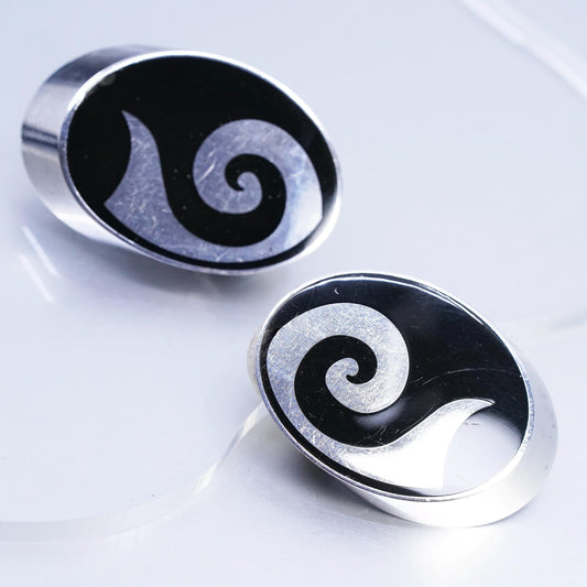 Vintage Varga Sterling Silver Oval Clip On Earrings with onyx and spiral inlay