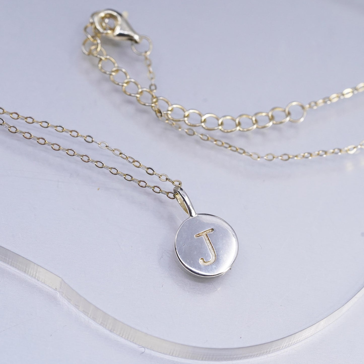 16+2", vermeil gold plated Sterling silver necklace 925 circle letter J pendant