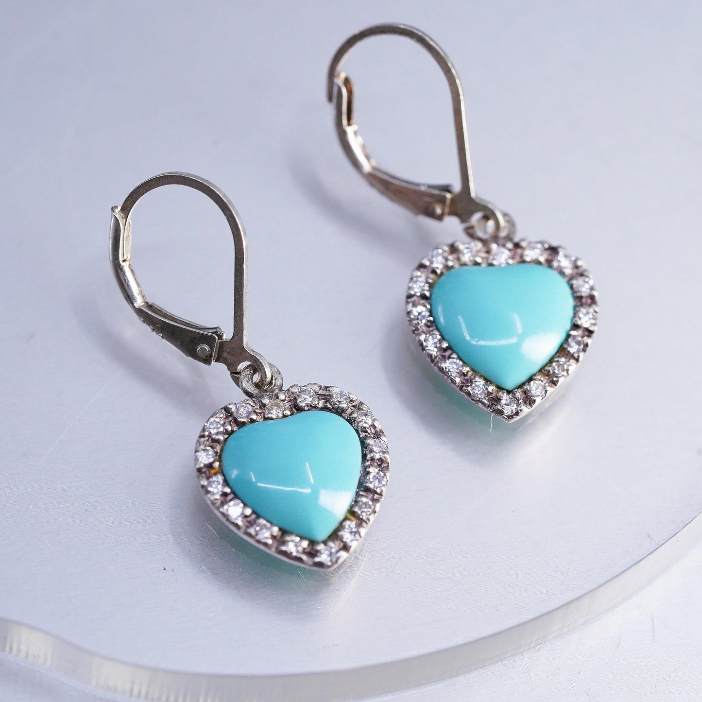 VTG 925 Sterling Silver Turquoise Heart Dangles, CZ Halo, Leverback Earrings