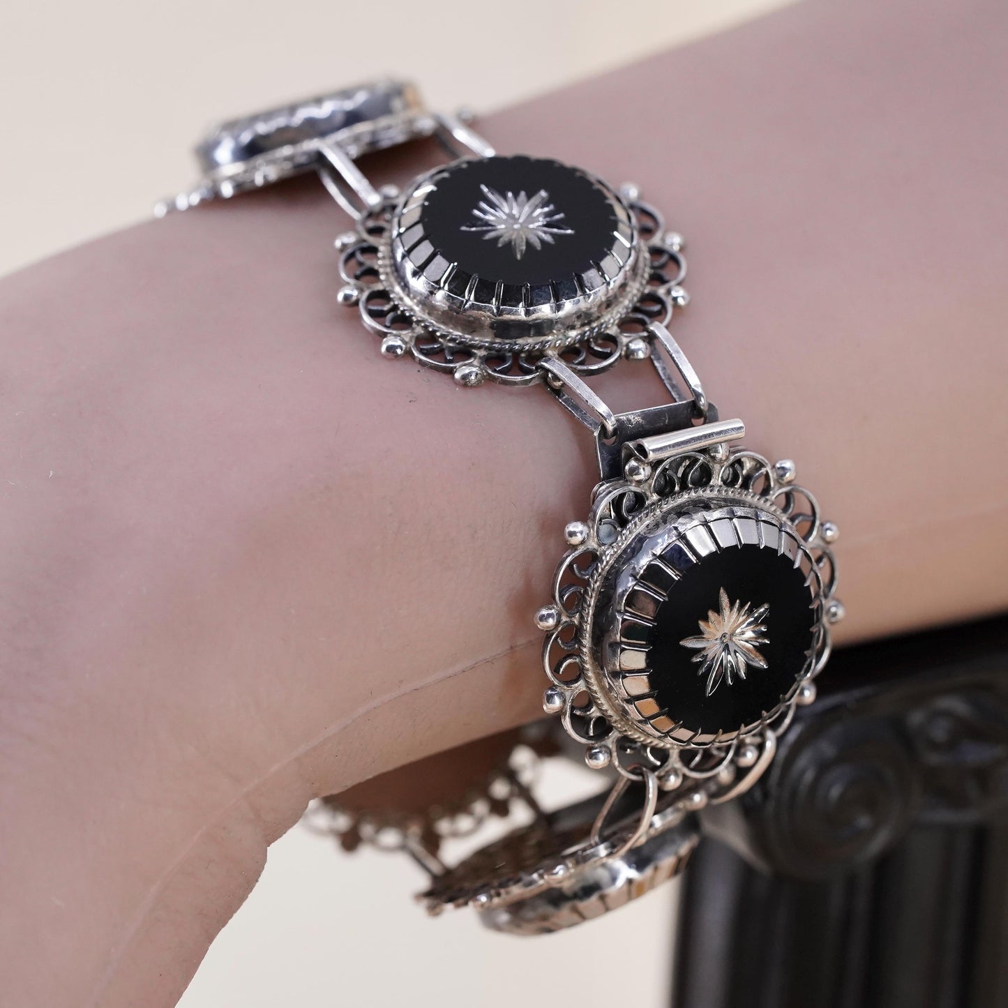 6.5” Mexican Sterling 925 Silver Black Onyx Panel Star Bracelet, Hecho En Taxco