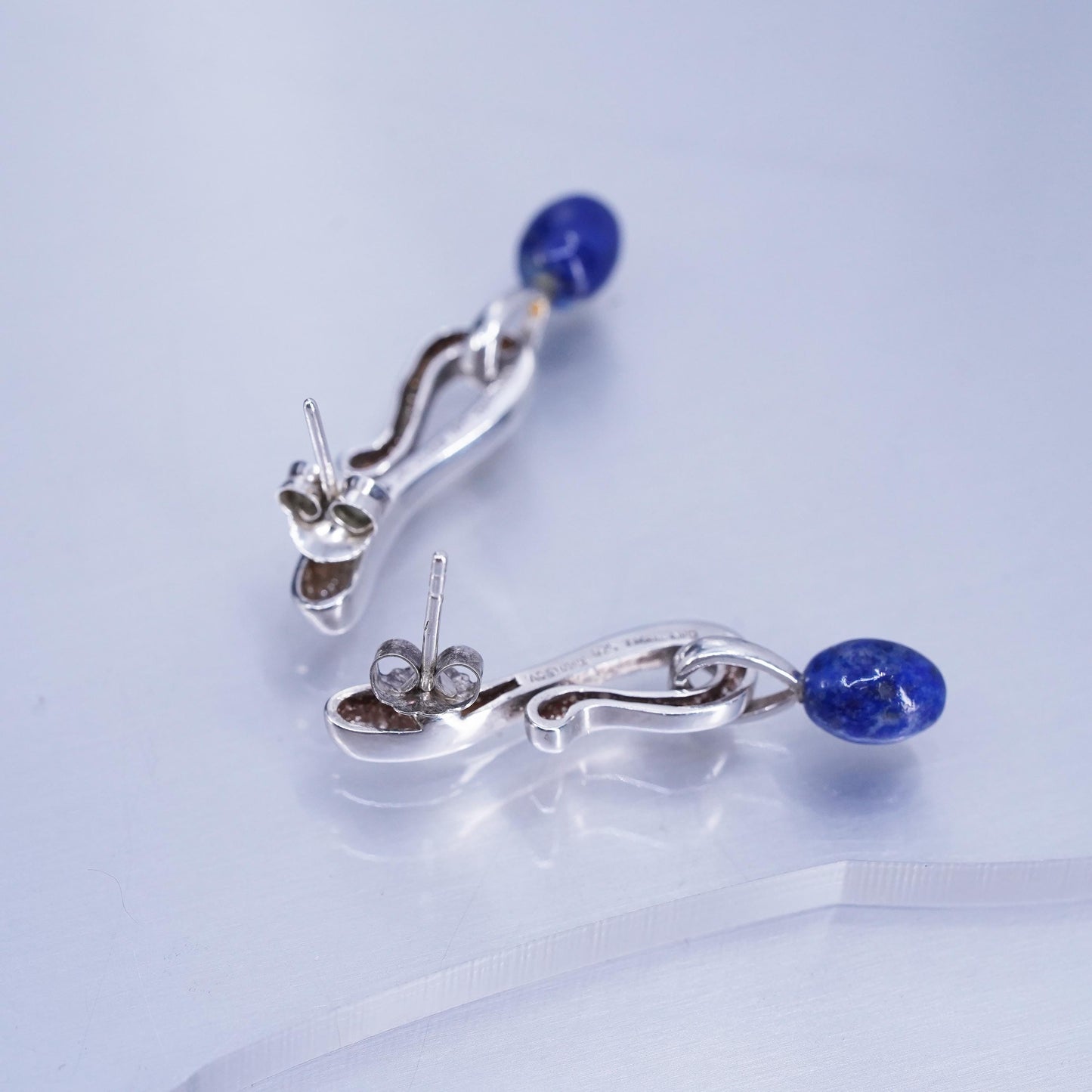 Vintage Angela Commings Sterling 925 silver earrings with oval lapis lazuli