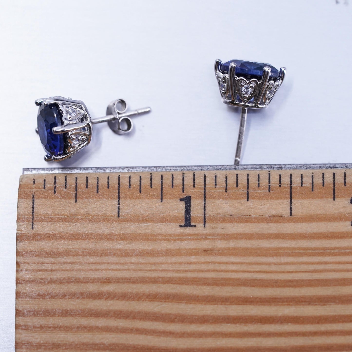 Vintage Sterling 925 silver handmade earrings, studs with sapphire cz
