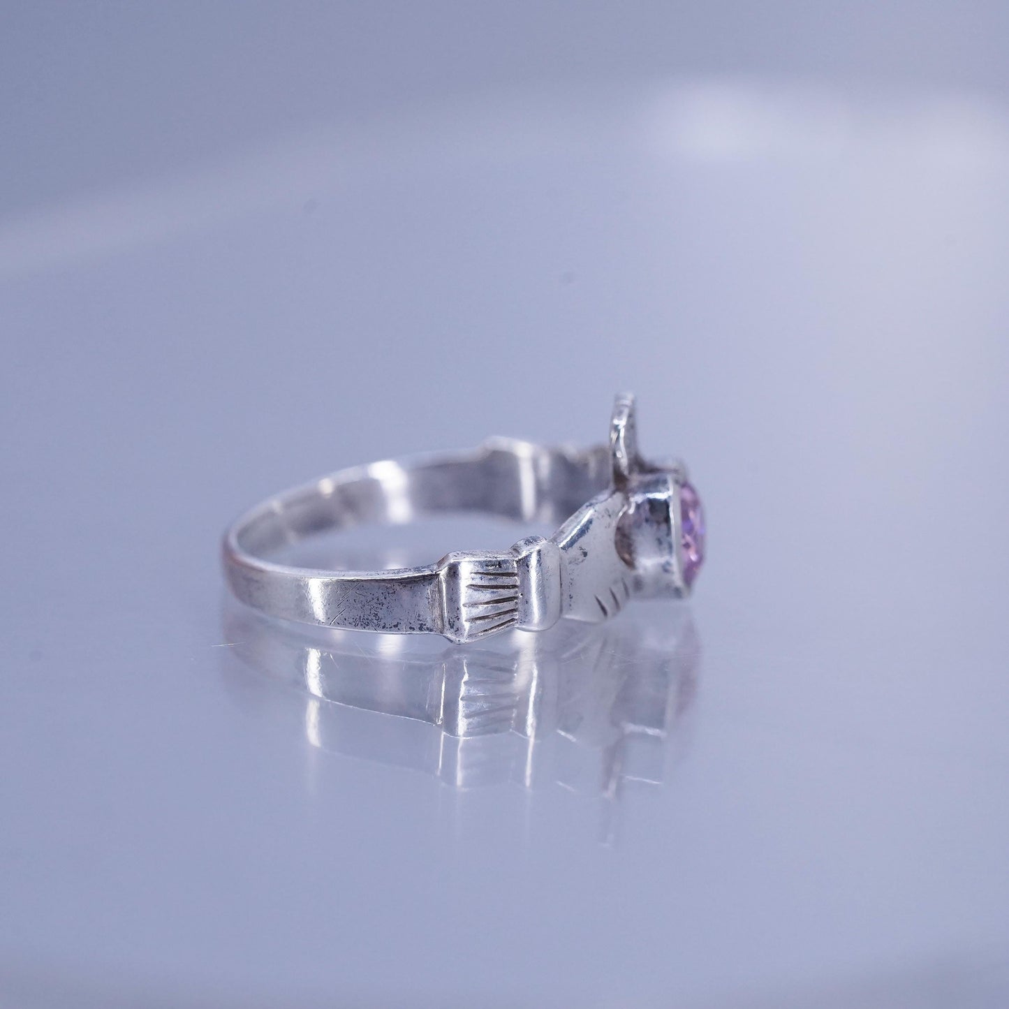 SZ 7.25, Irish Claddagh friendship Sterling 925 silver ring, pink crystal heart