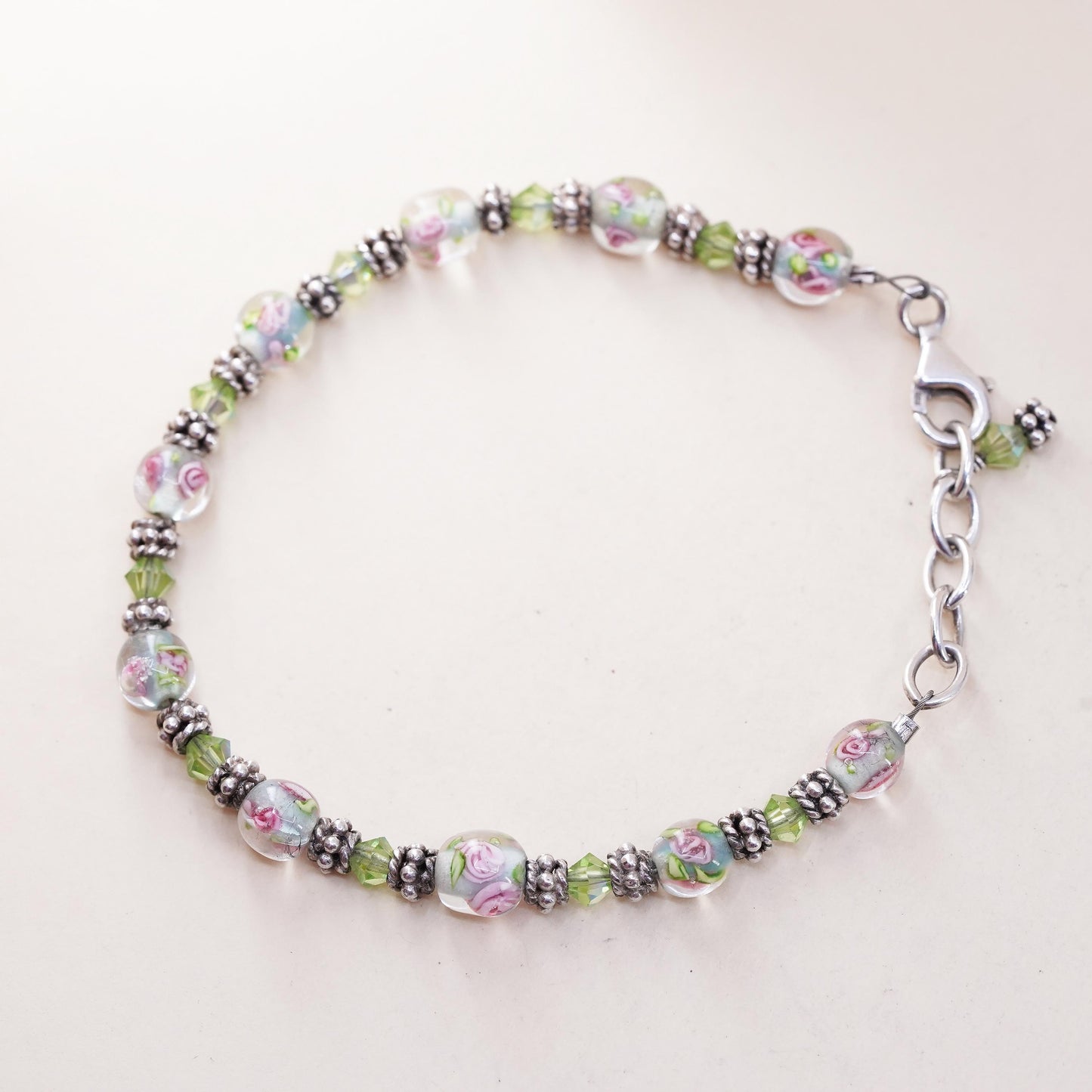 7", vintage 925 Sterling silver handmade bracelet artisan floral glass beads