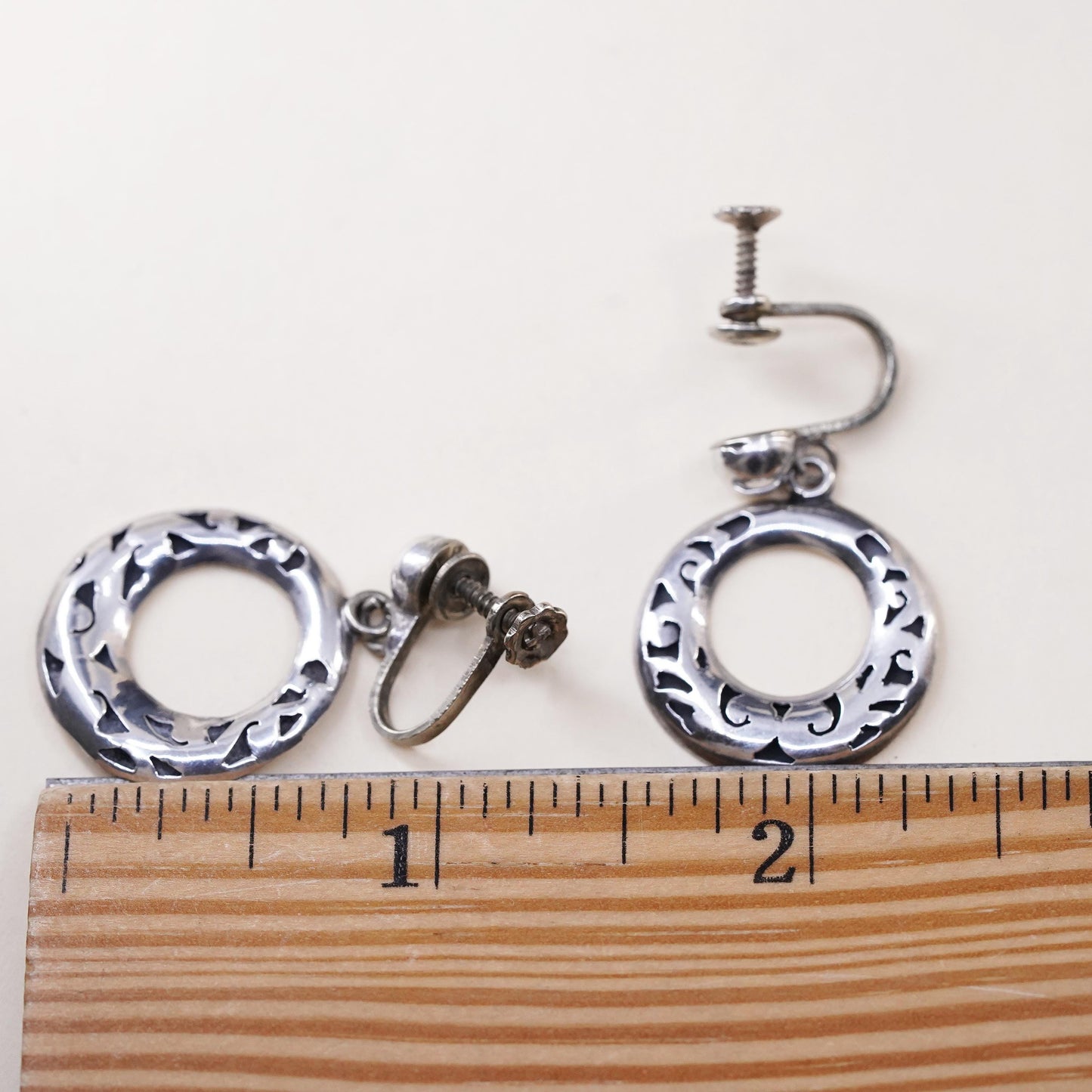 VTG Mexican Sterling silver handmade earrings, 925 screw back circle dangles