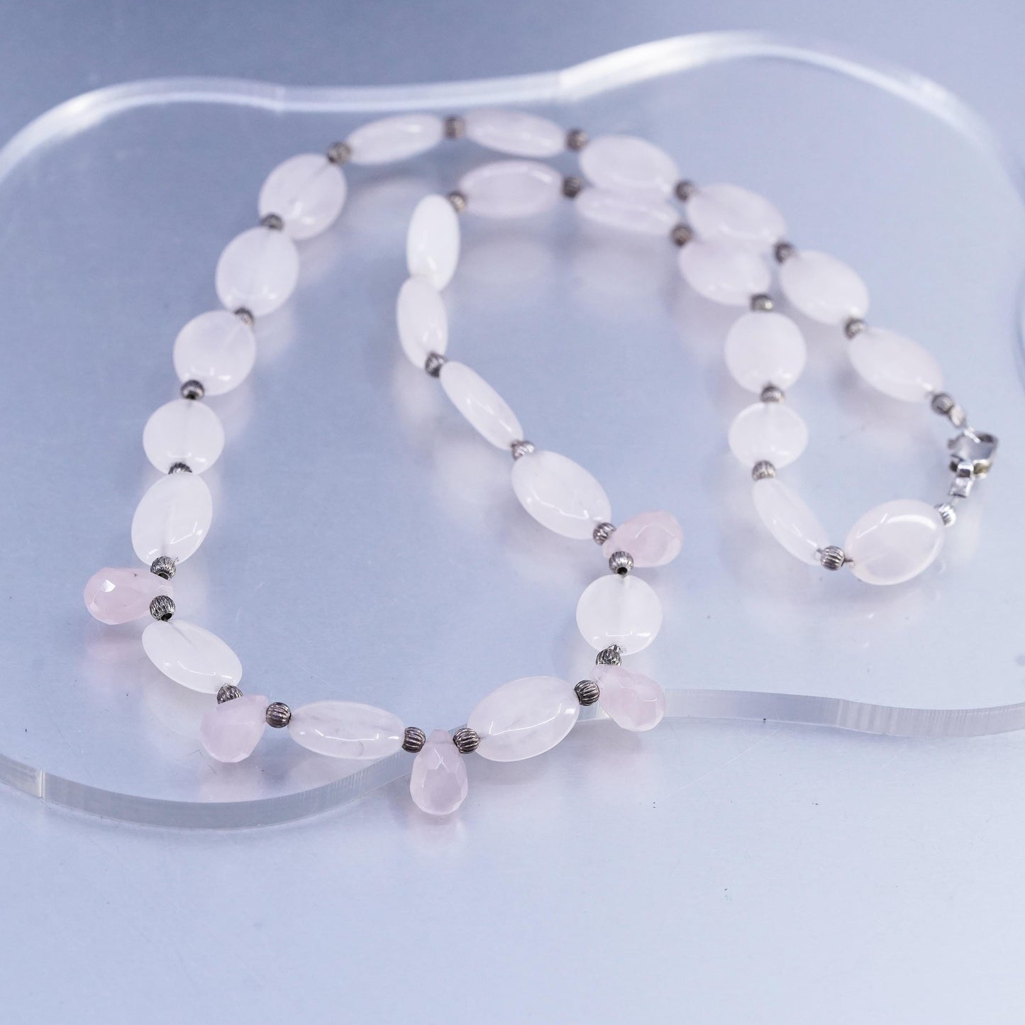 19", VTG Pink Quartz Beads necklace teardrop charms sterling 925 silver clasp