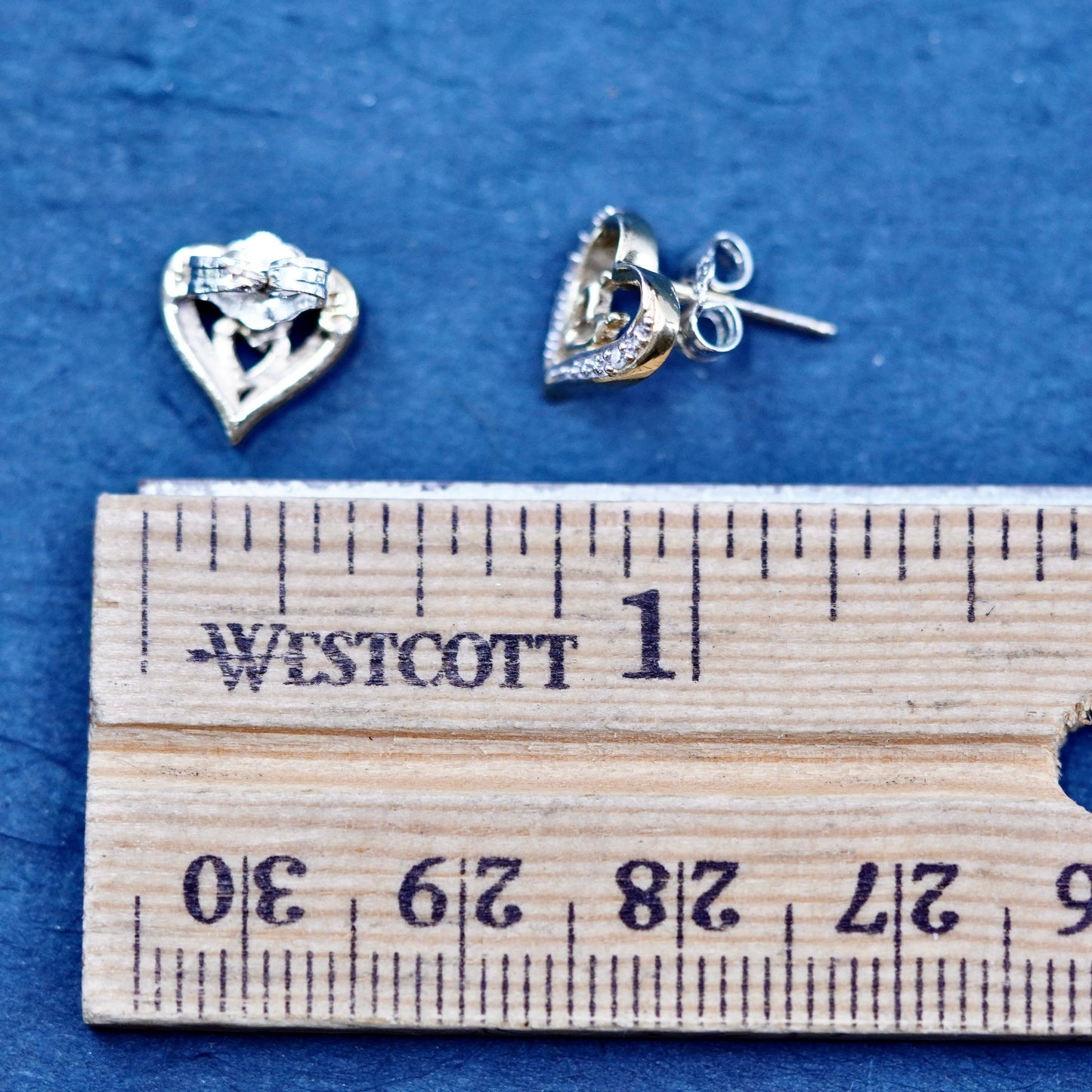 vermeil gold over Sterling silver earrings, 925 double heart studs diamond