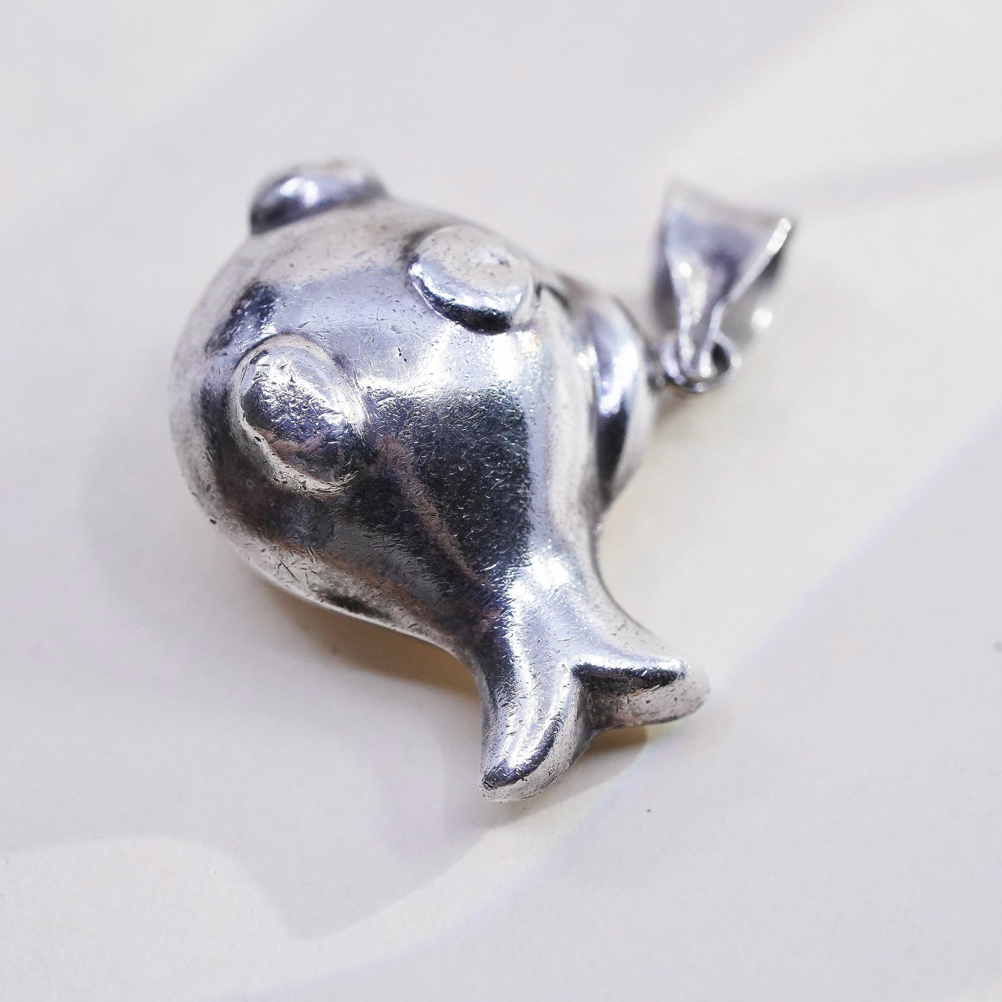 Vintage sterling silver handmade puffy goofy fish charm, 925 pendant