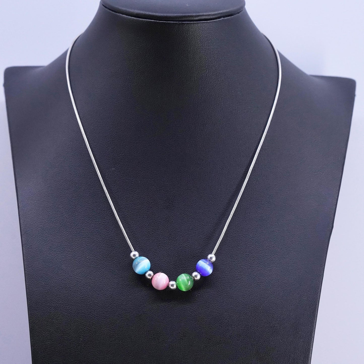 16", VTG Sterling silver necklace, 925 snake chain with colorful cat eye beads