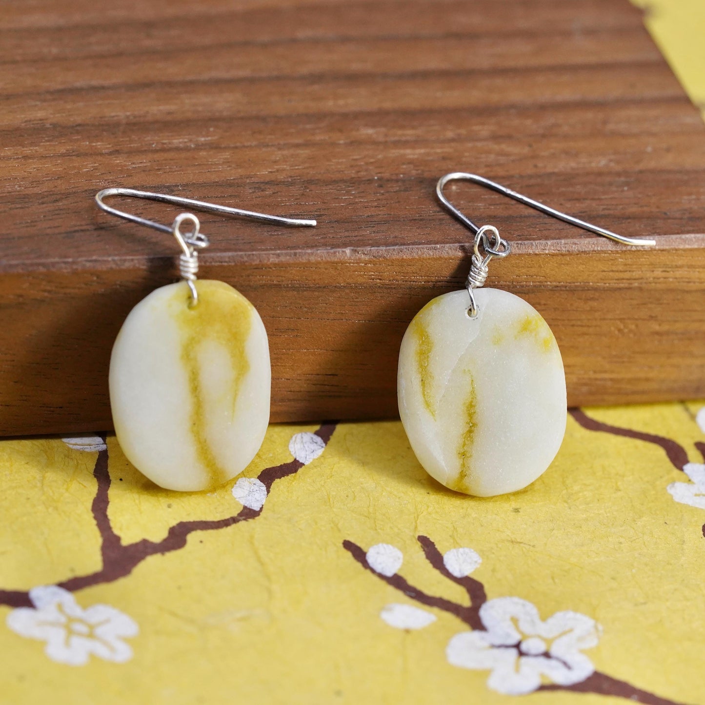 Vintage Sterling 925 silver handmade earrings with oval jade