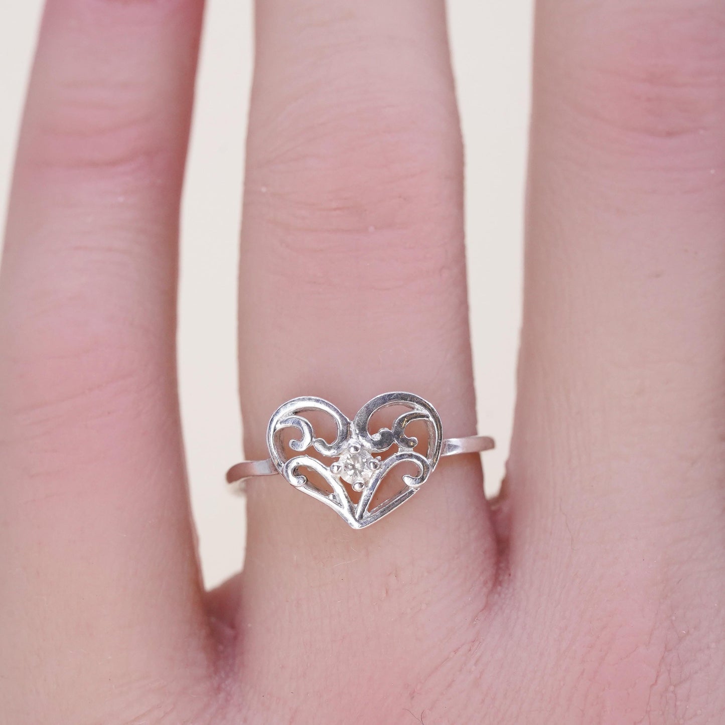 Size 7.25, Vintage sterling silver handmade ring, swirly heart ring with cz