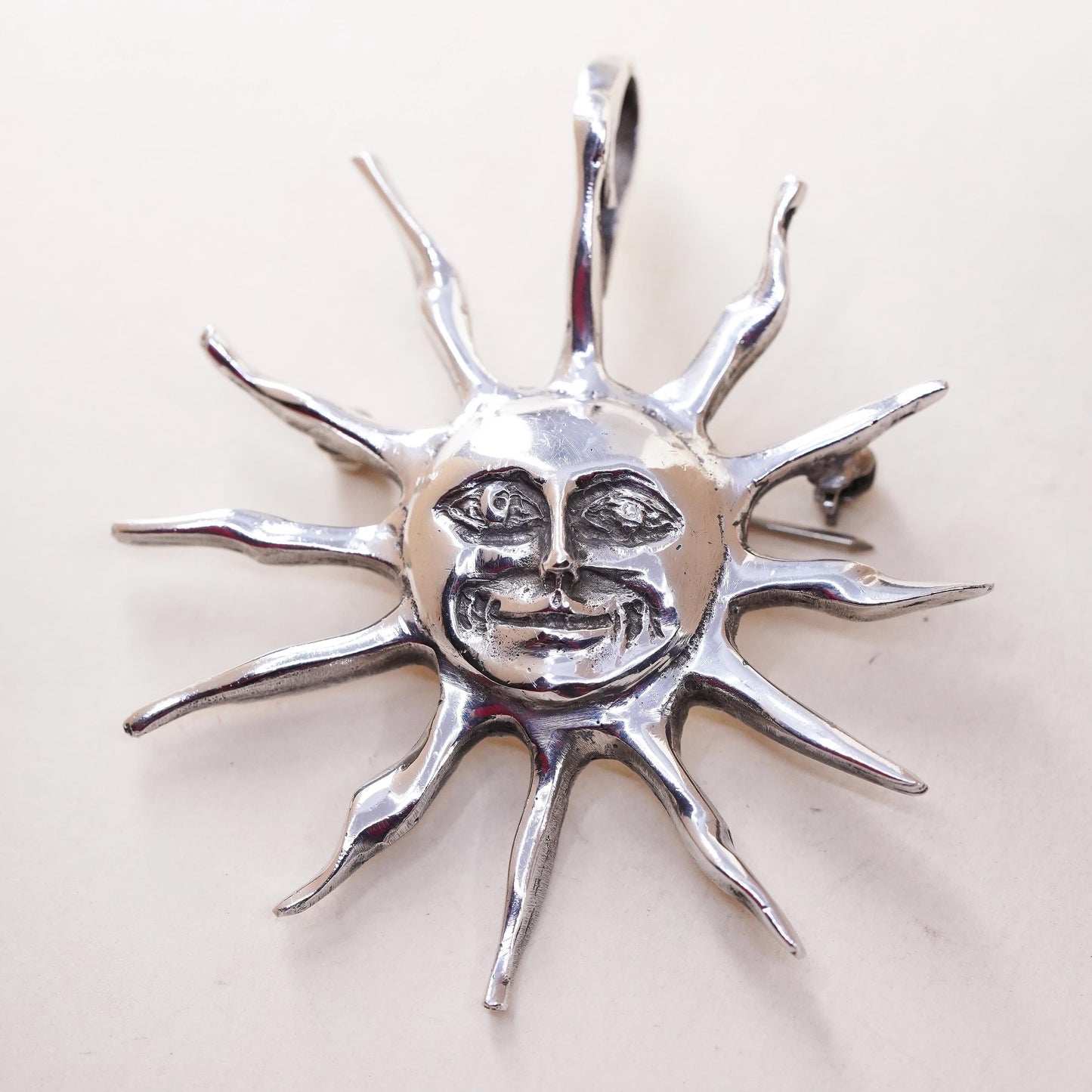 Vintage Mexican Sterling silver handmade sun face pendant, 925 brooch