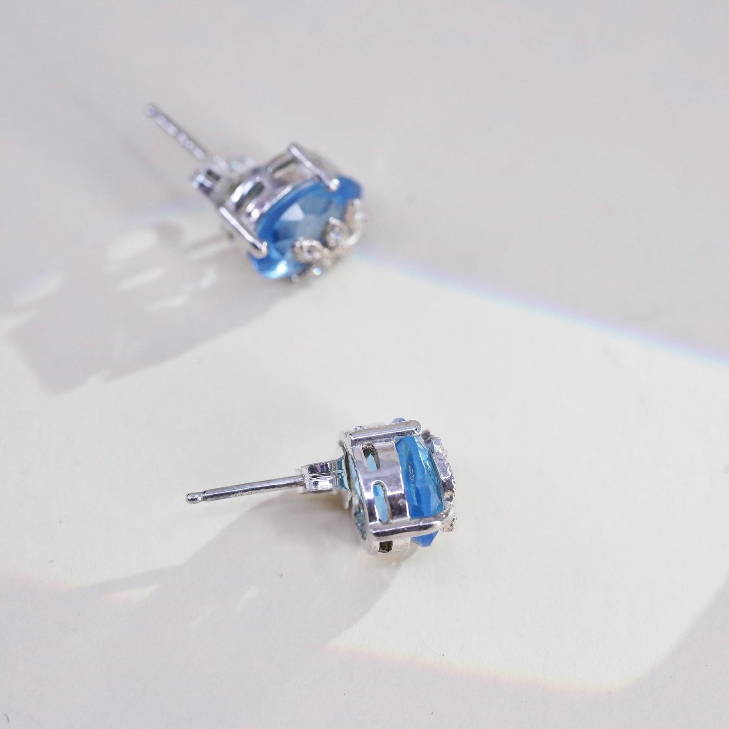 Vintage Sterling silver earrings, 925 studs with blue topaz and leaves