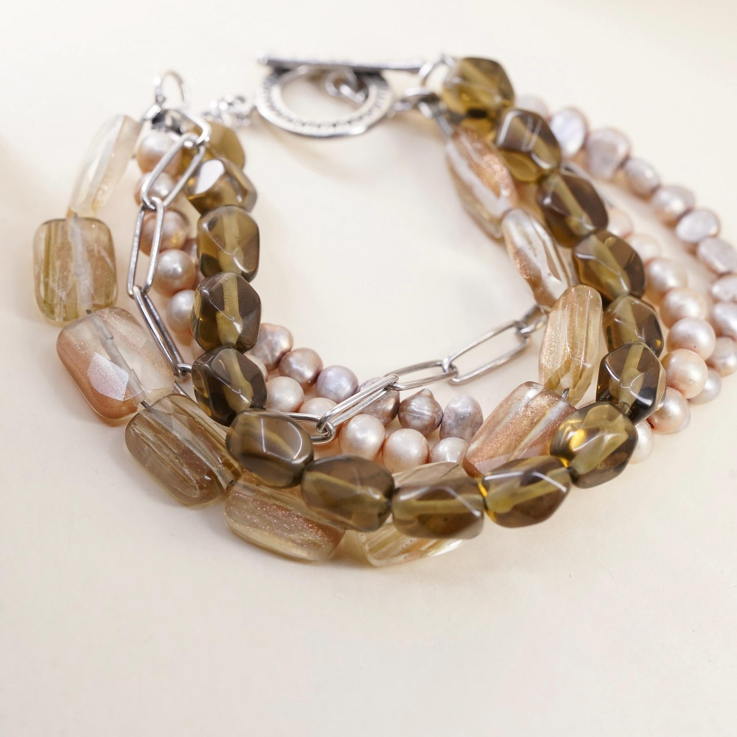 7”, B1412 Silpada sterling silver 925 pearls smokey quartz 5 strands bracelet