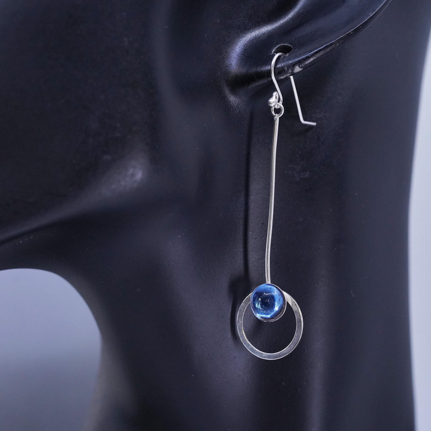 Vintage Sterling 925 silver handmade long circle earrings with blue crystal