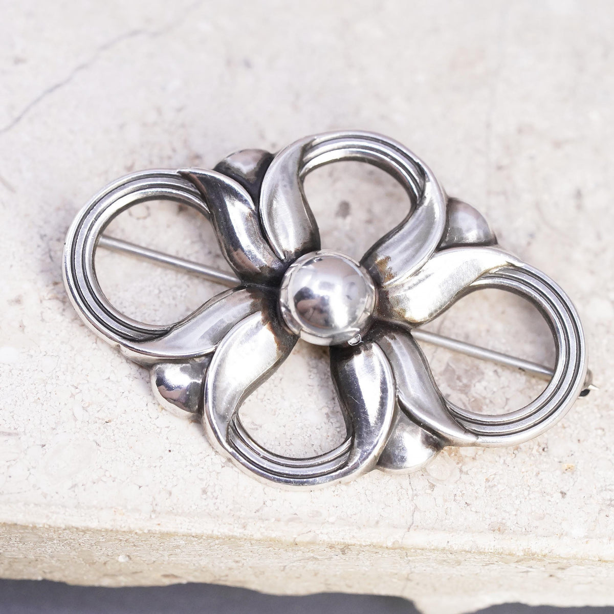 Early Georg Jensen Denmark Sterling 925 Silver Flower Brooch Pin No 305 Vintage