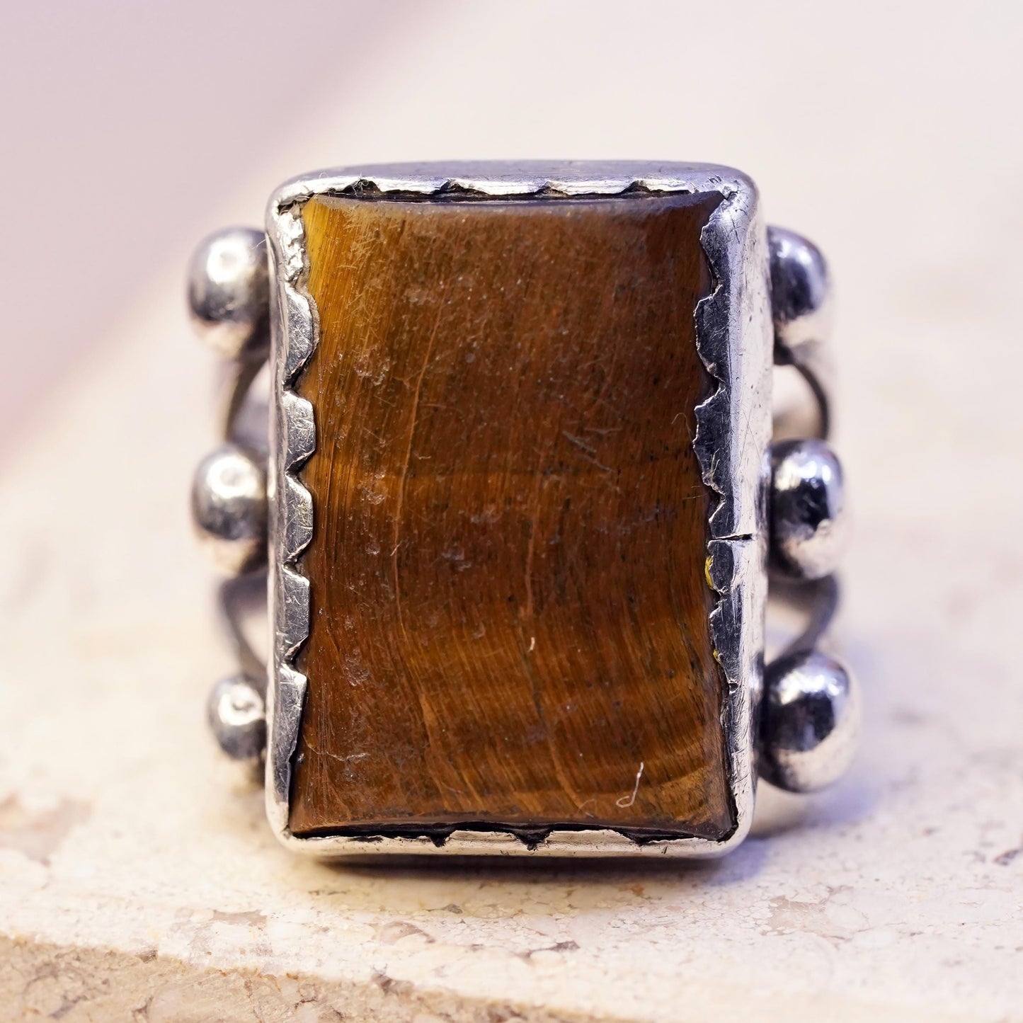 Size 7.75, vintage Sterling 925 silver handmade ring golden tiger eye and beads