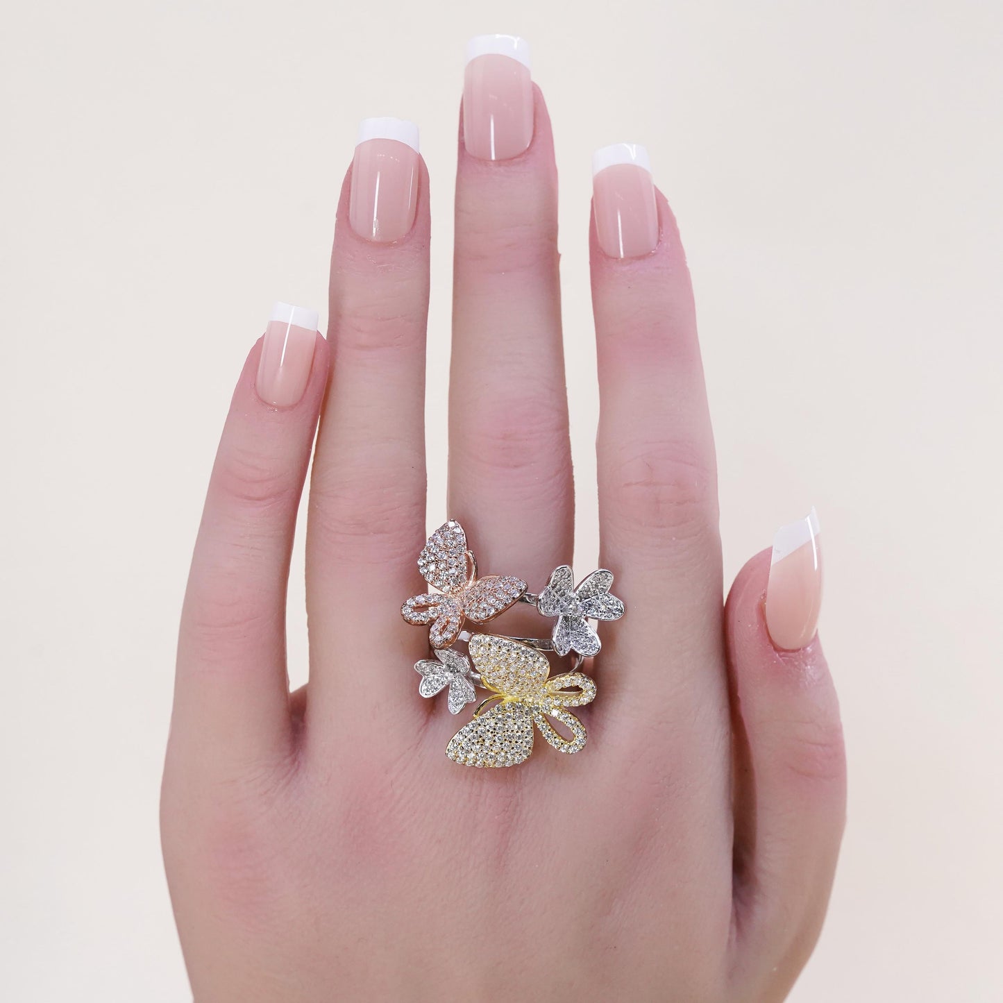 Size 9, Vintage sterling silver handmade statement butterfly ring cluster cz