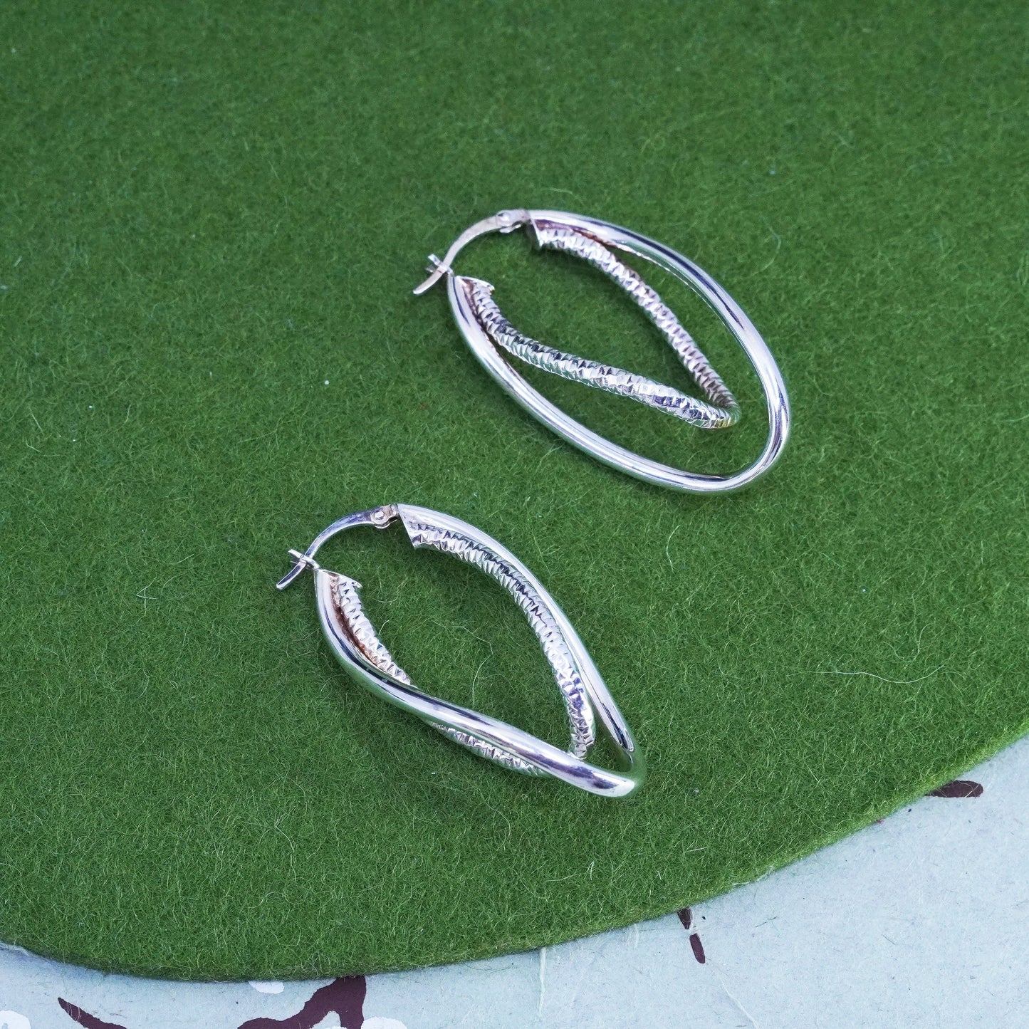 Vintage sterling silver handmade earrings, 925 twisted entwined hoops