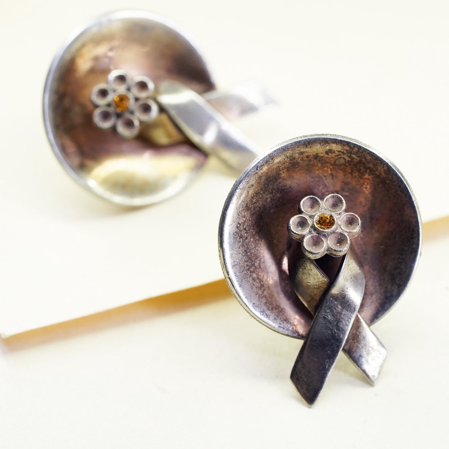 Vintage Sterling silver earrings, 925 screw back breast cancer cure ribbon