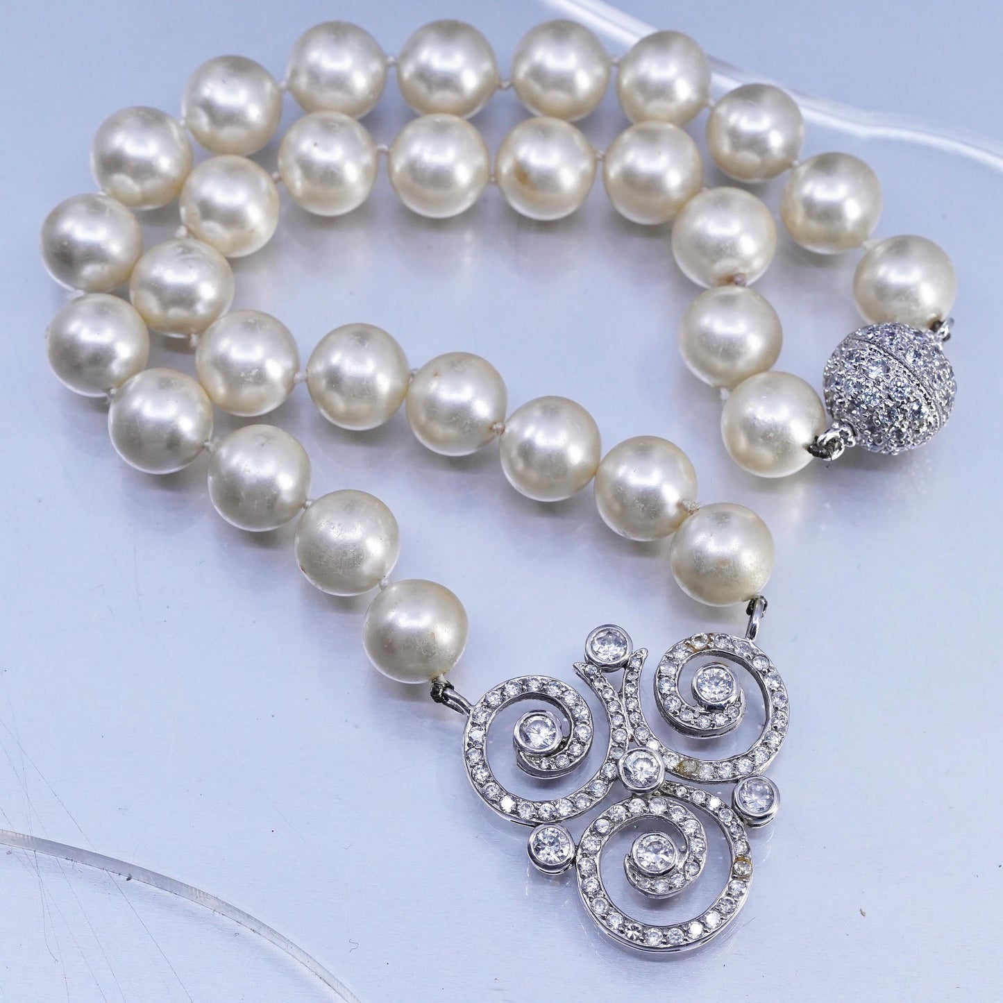 16", CWE Sterling 925 silver necklace pearl beads cluster cz spiral pendant