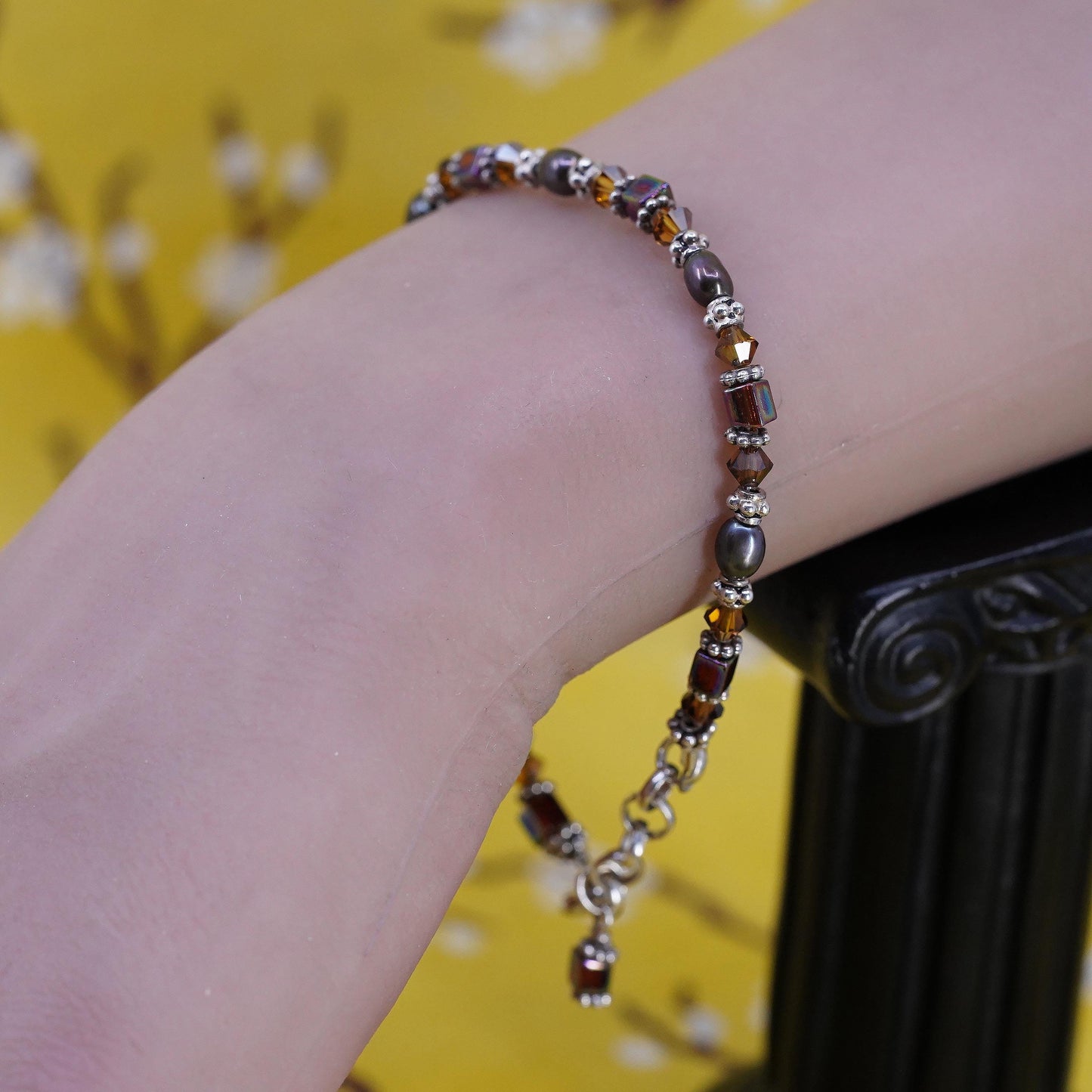 7+1”, vintage Sterling silver garnet citrine beads bracelet with black pearl