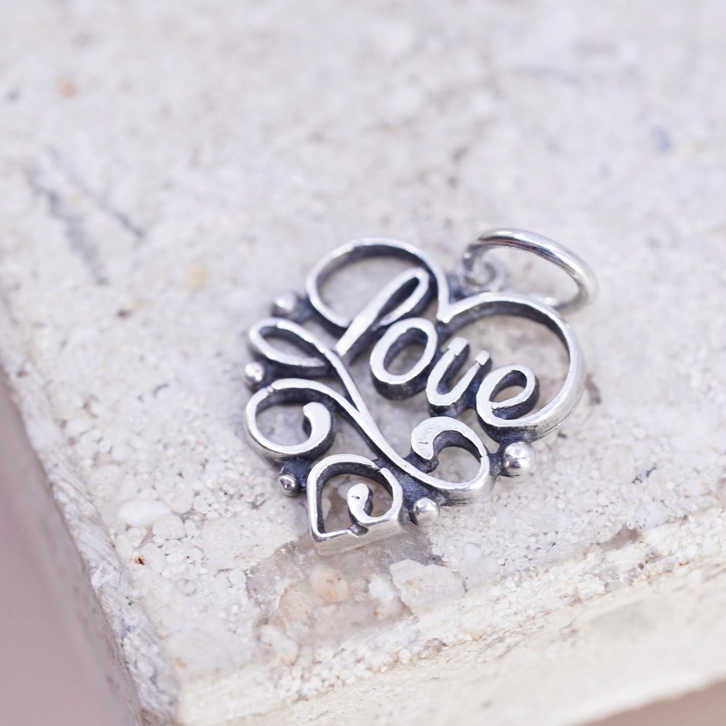 Vintage sterling silver handmade pendant, 925 heart charm "love"