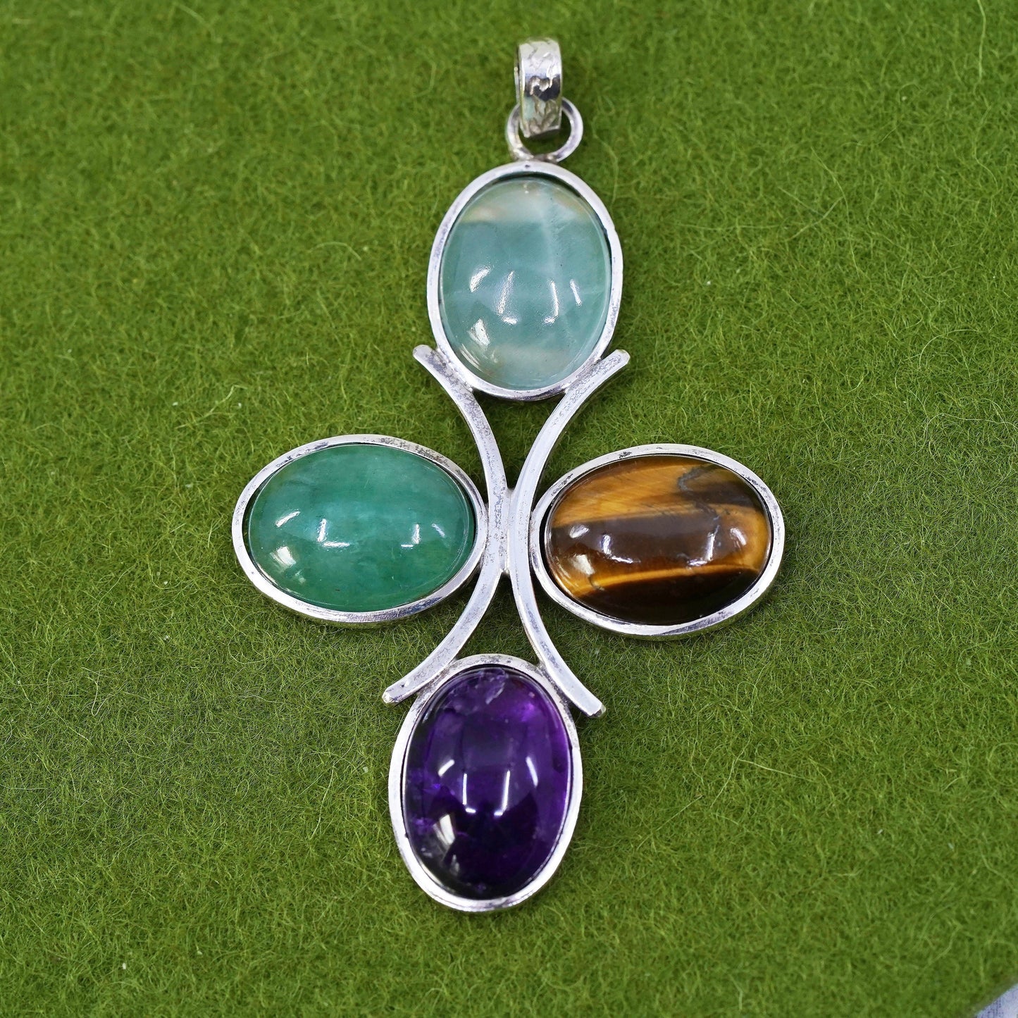 Southwestern sterling silver pendant, 925 cross jade golden tiger eye amethyst