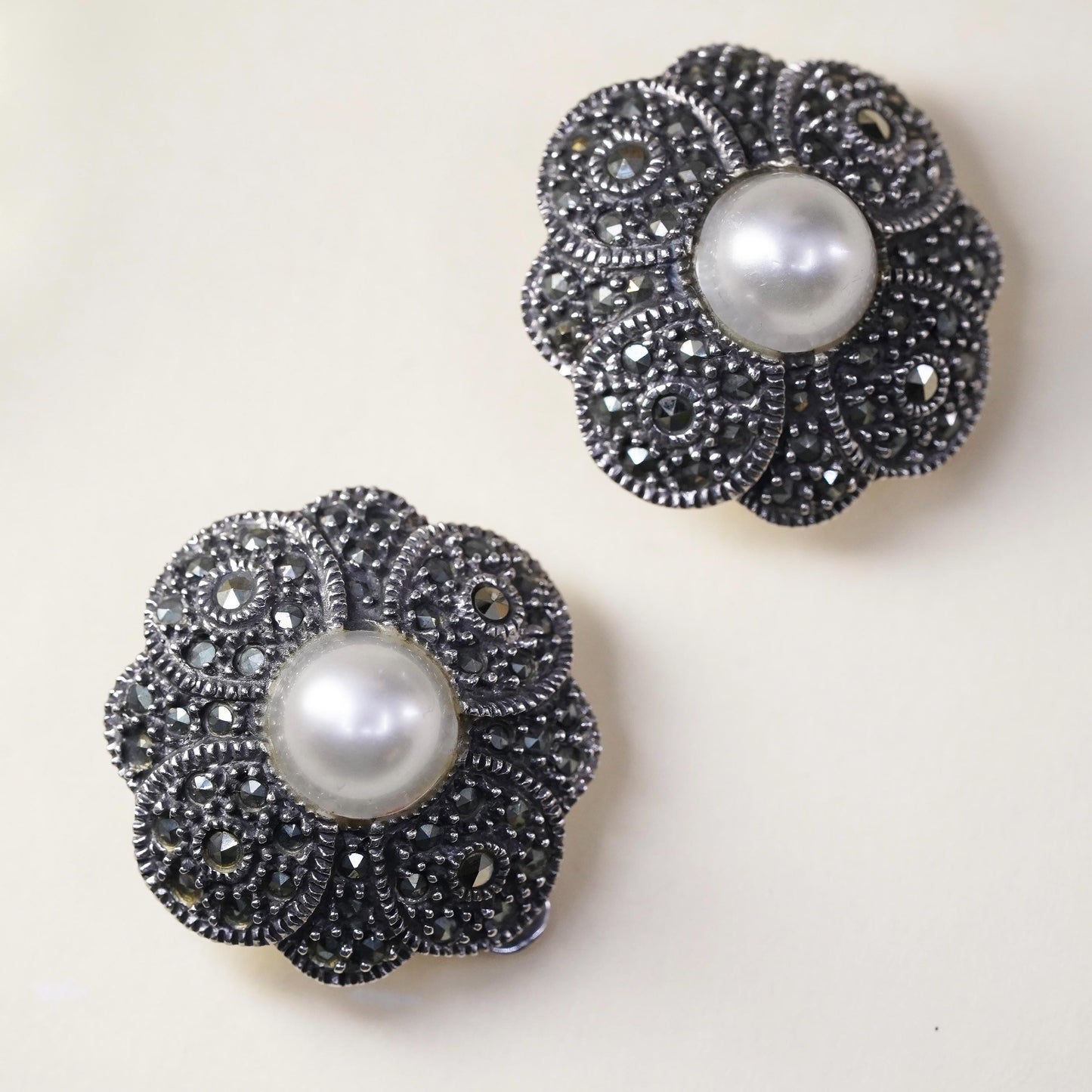 Sterling 925 silver filigree clip on earrings with pearl and cluster marcasite