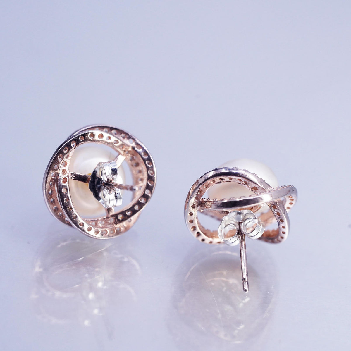 Vermeil Gold Sterling Silver 925 Earrings, Rose Gold Tone CZ Halo, Pearl Studs