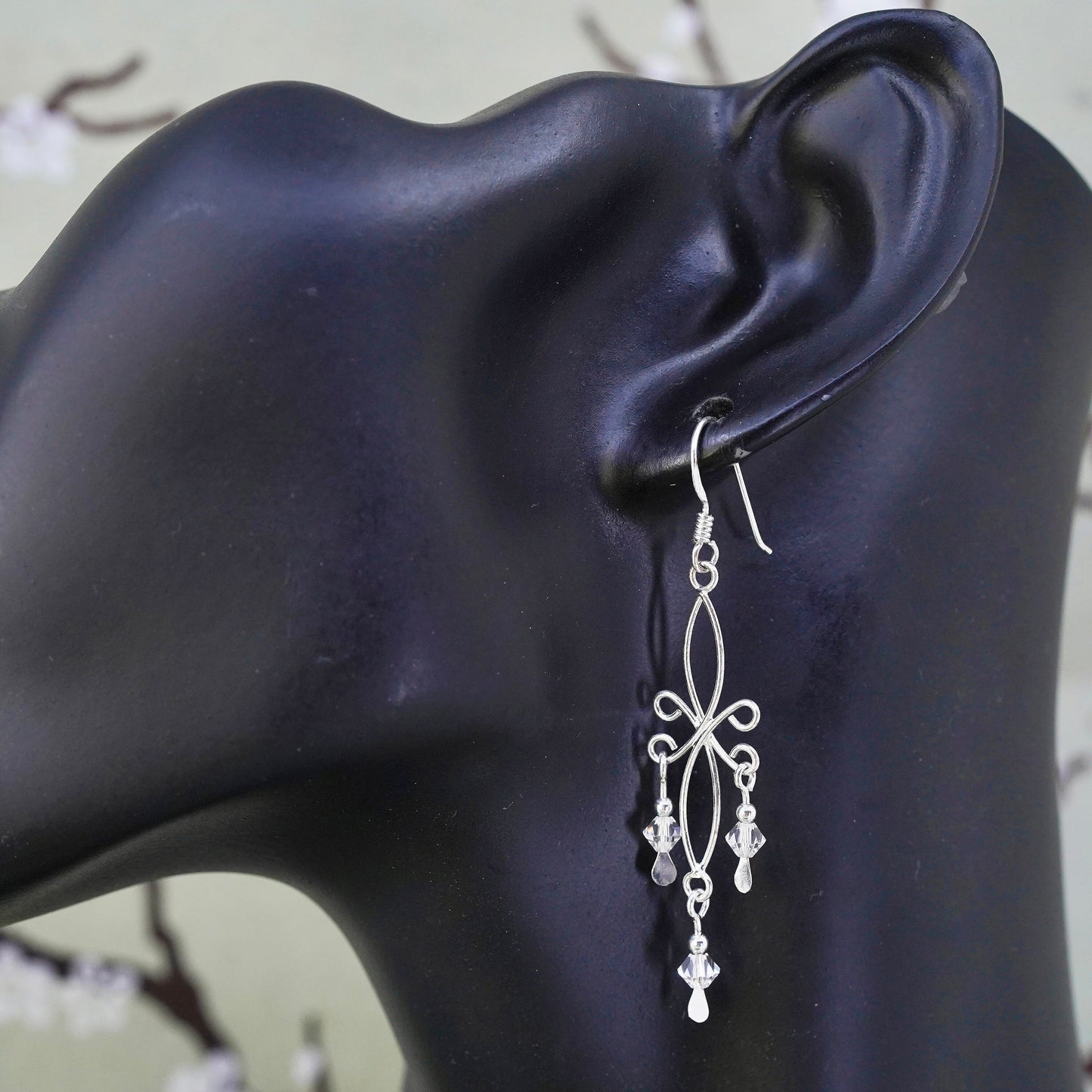 Vintage sterling silver handmade wired floral dangles and crystal, 925 earrings
