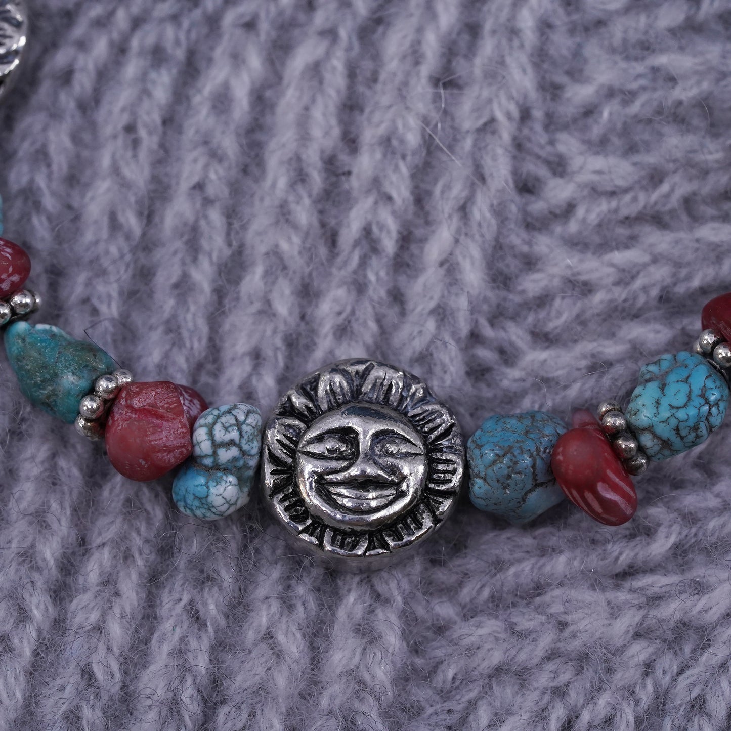 7.5”, sterling silver bracelet, Native American turquoise coral sunface beads